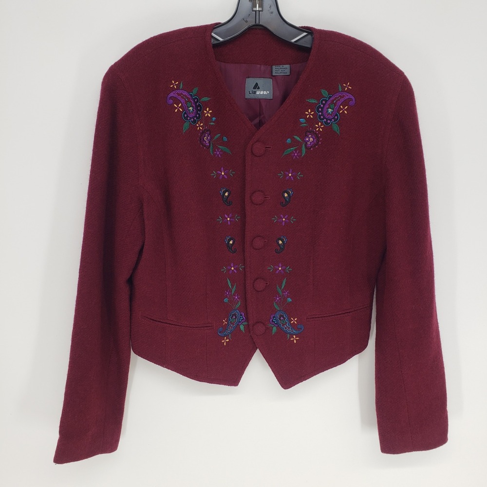 Vintage 90s  Liz wear Embroidered Wool Jacket Womens 8 Burgundy Paisley Cropped